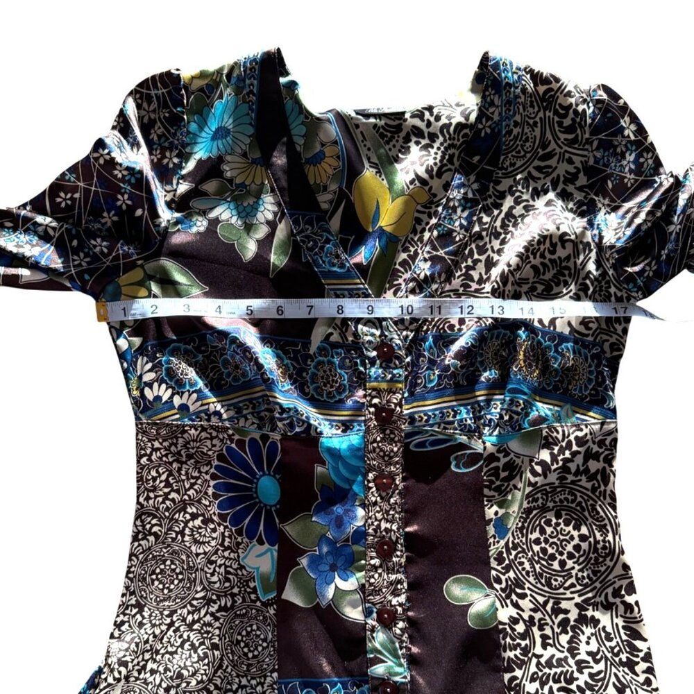 Blu Studio Womens Dress Italian Patchwork Floral Long Sleeve Satin Boho Size S - Picture 5 of 6